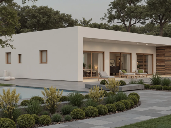 Casa unifamiliar ecosostenible de una planta con porche, jardín y piscina