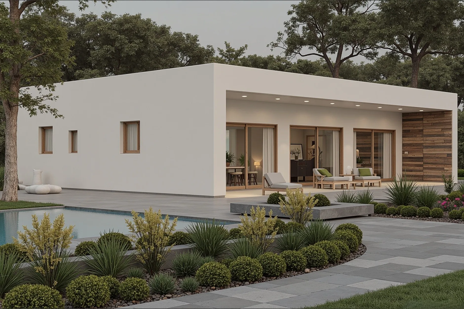Casa unifamiliar ecosostenible de una planta con porche, jardín y piscina